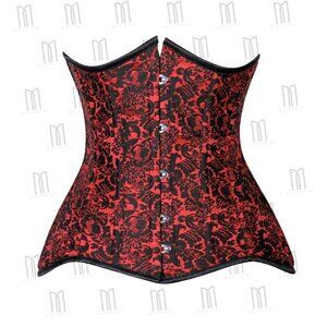 Floral Print Corset 3 Layers Underbust Heavy Boning Curvy Fit Black-Red